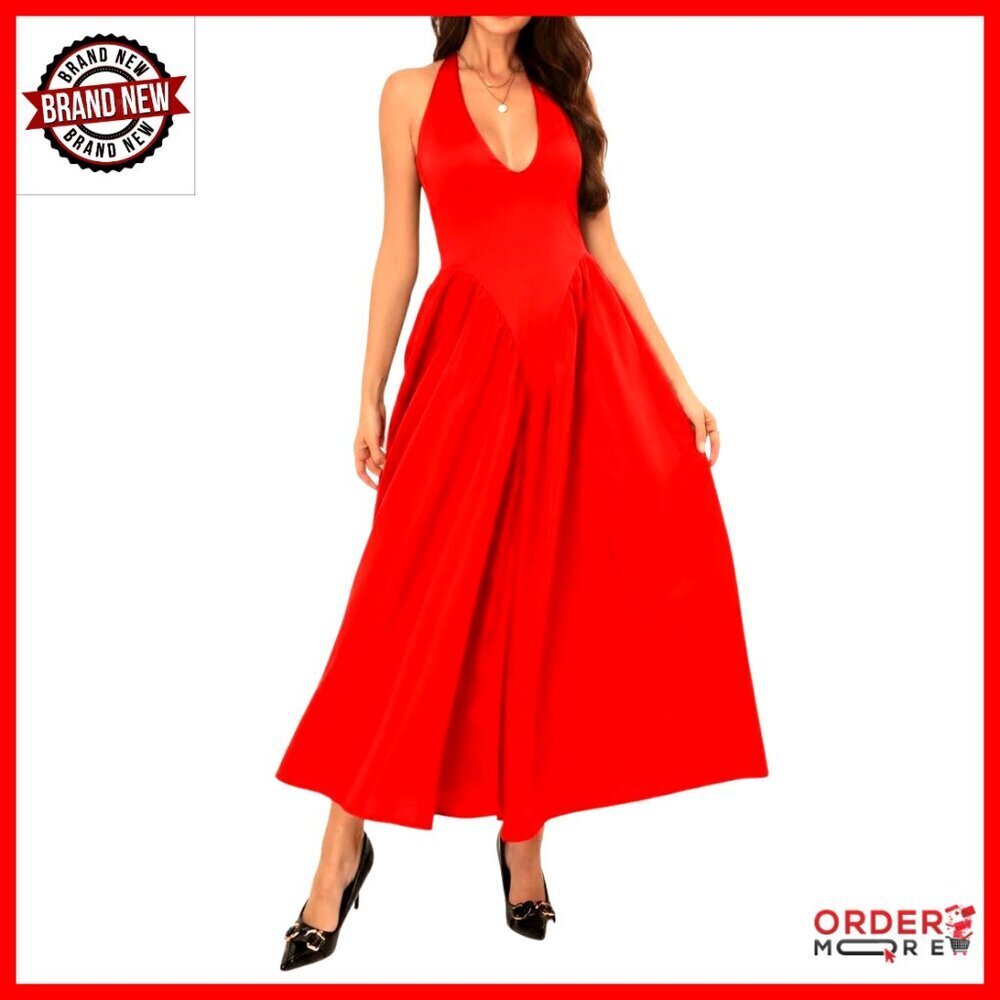 Drop Waist Corset Halter Maxi Dress Elegant Semi Formal Deep V Neck A Line